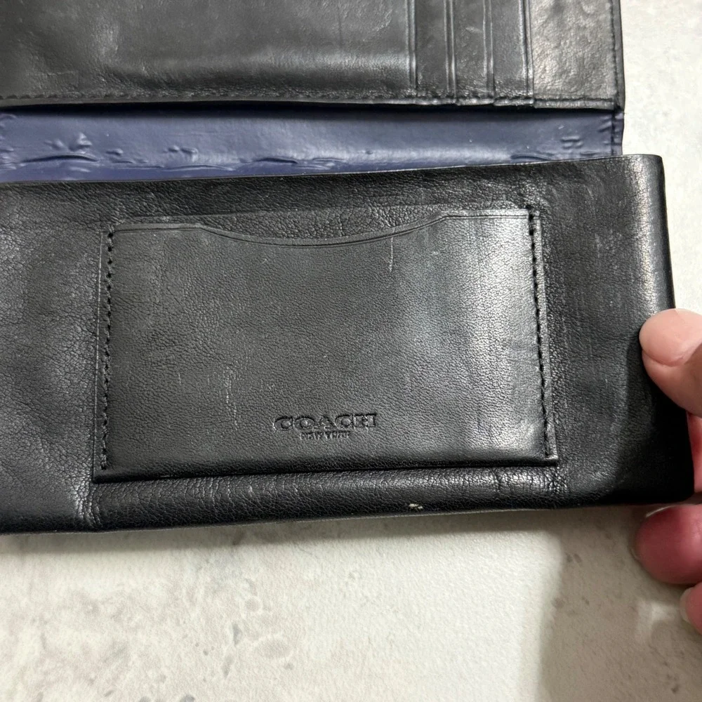 Coach Vintage Long Bifold Wallet Mens Black Good Leather Slim Blue Interior Logo